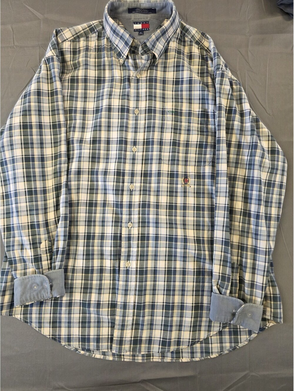 Vintage Tommy Hilfiger Mens Check Plaid Cotton Long Sleeve Dress Shirt XL